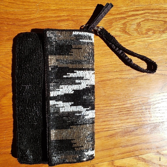 Express Handbags - Express Beaded Black and Grey Clutch